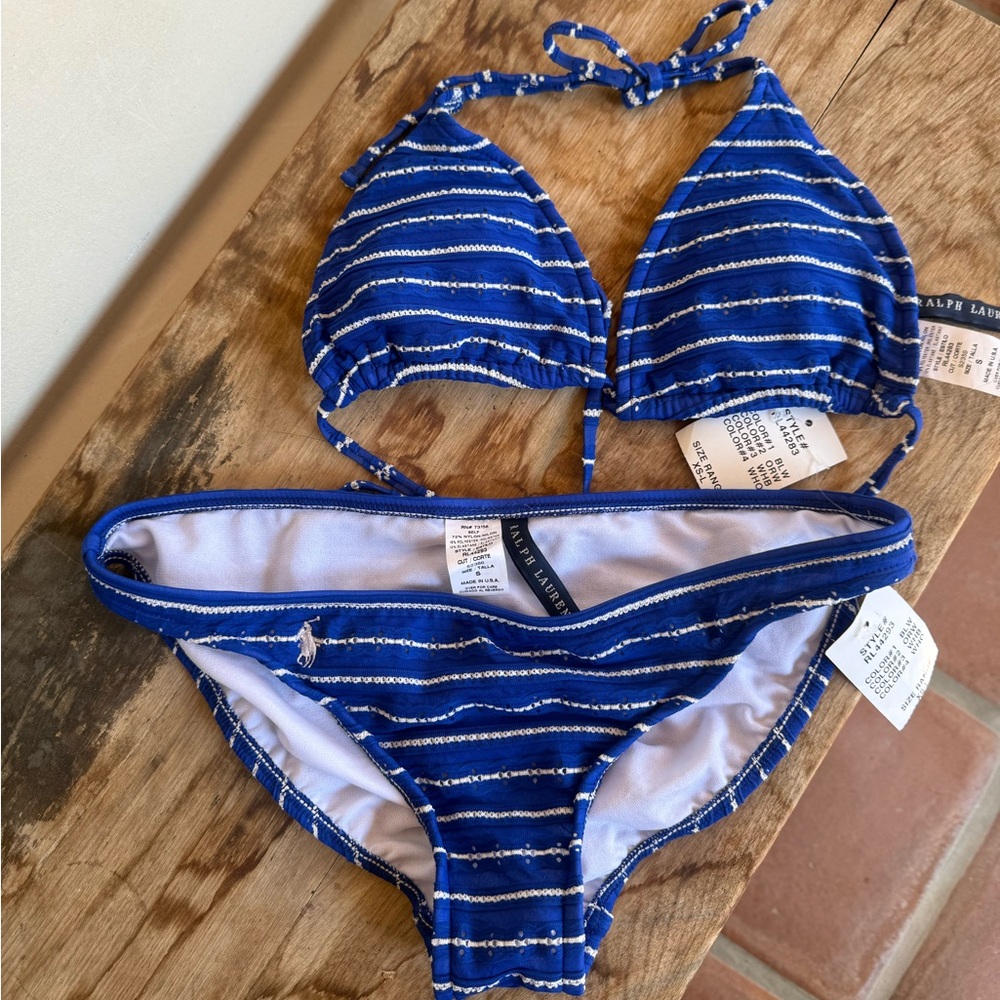 RALPH LAUREN Cute Blue White Striped 2-Piece Bikini Embroidered Polo Pony S NWT!